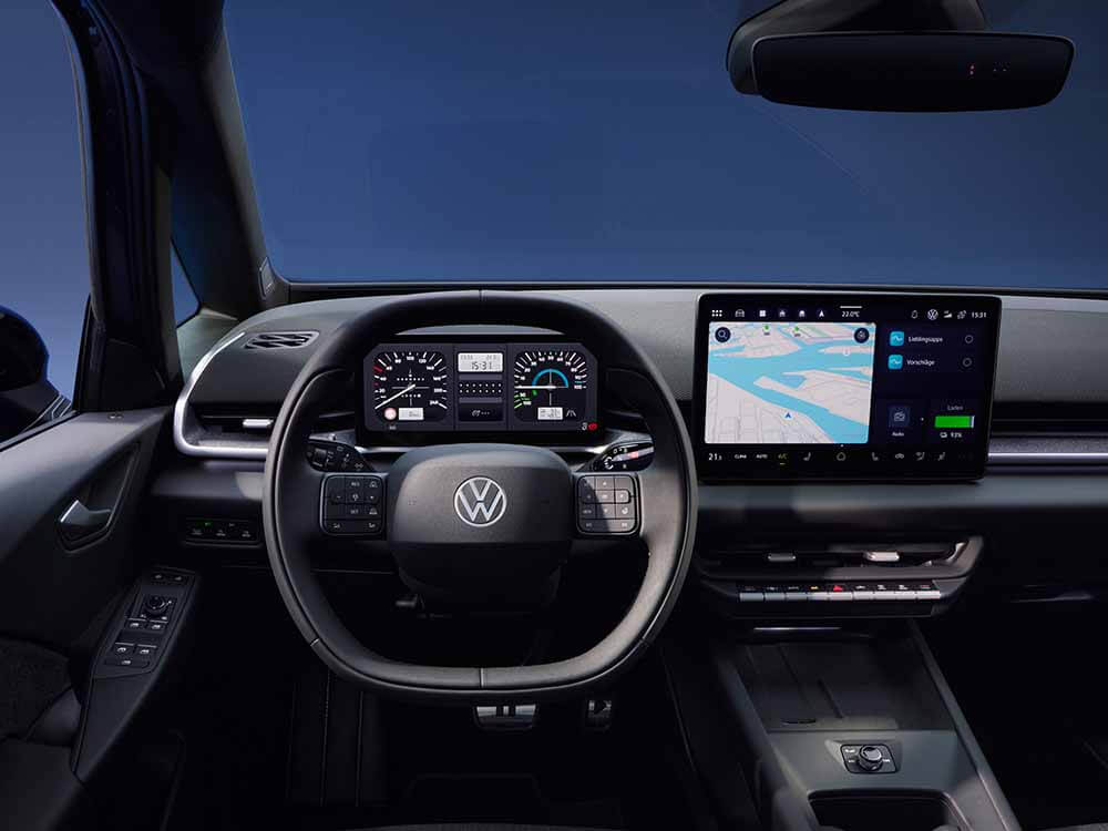 Volkswagen ID.3 Neo, Cockpitansicht, Detail auf Lenkrad und Infotainmentsystem